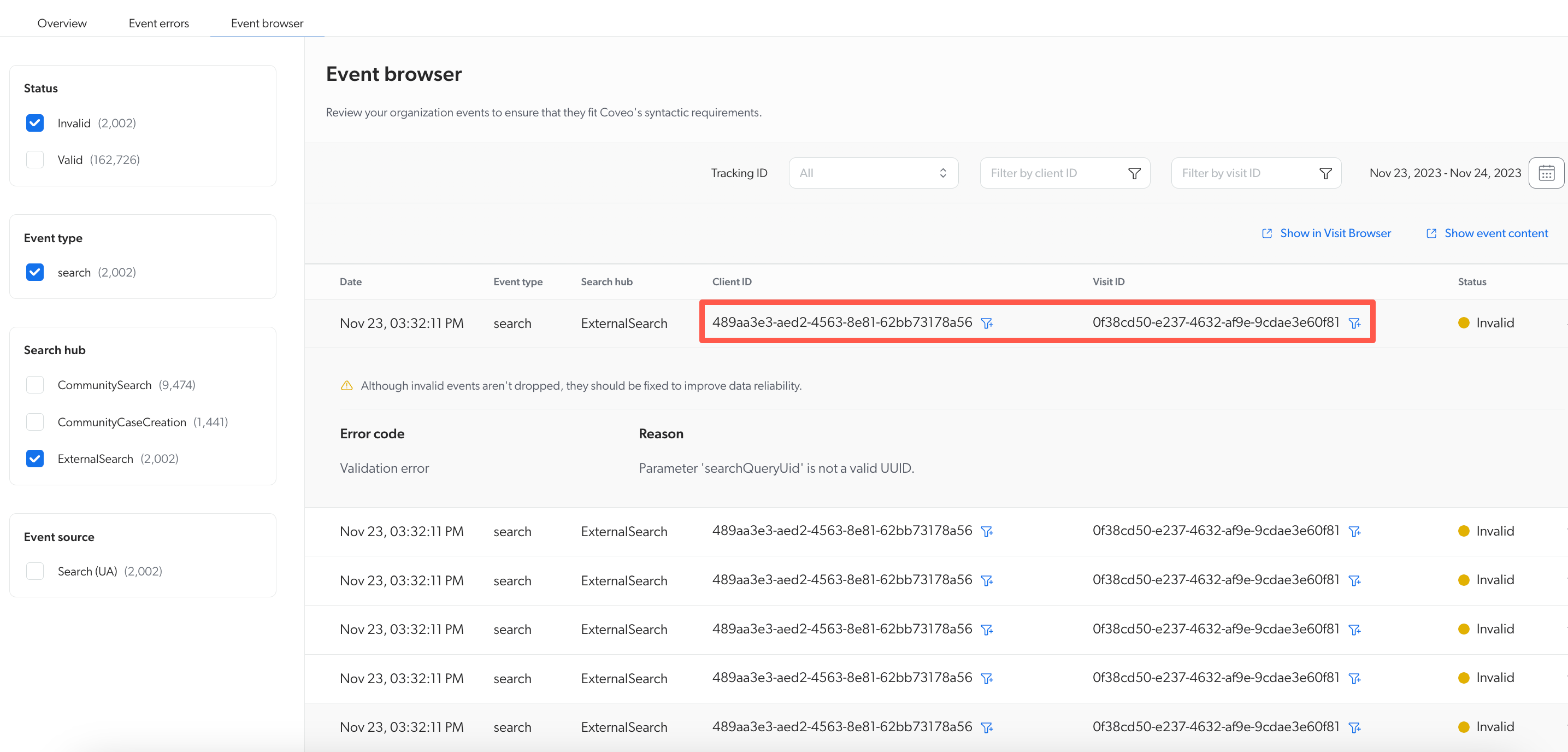 event browser filter | Coveo Platform