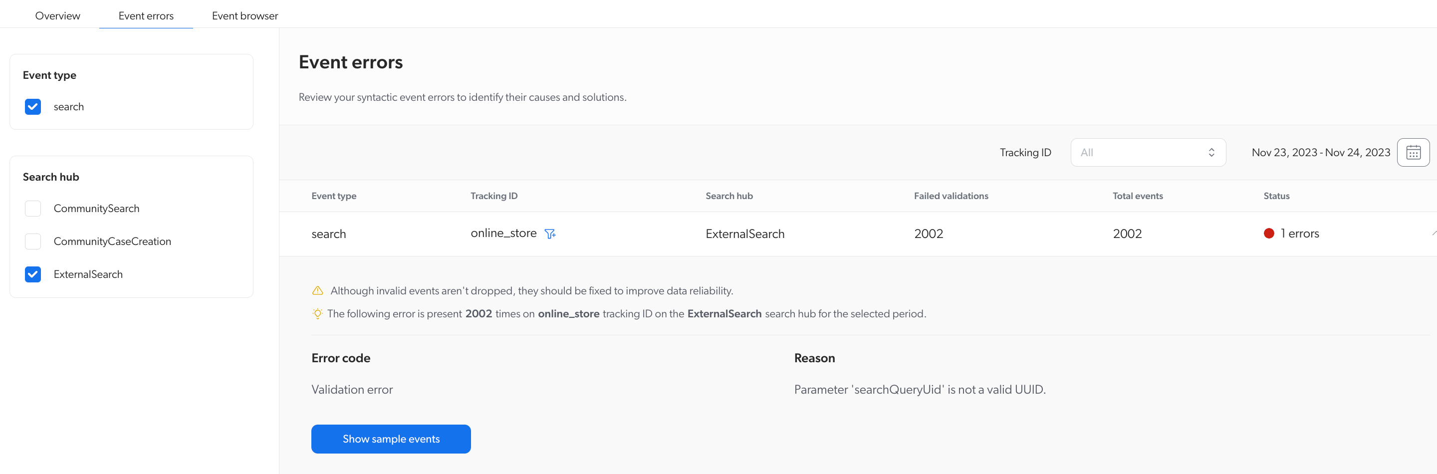 event errors filter | Coveo Platform