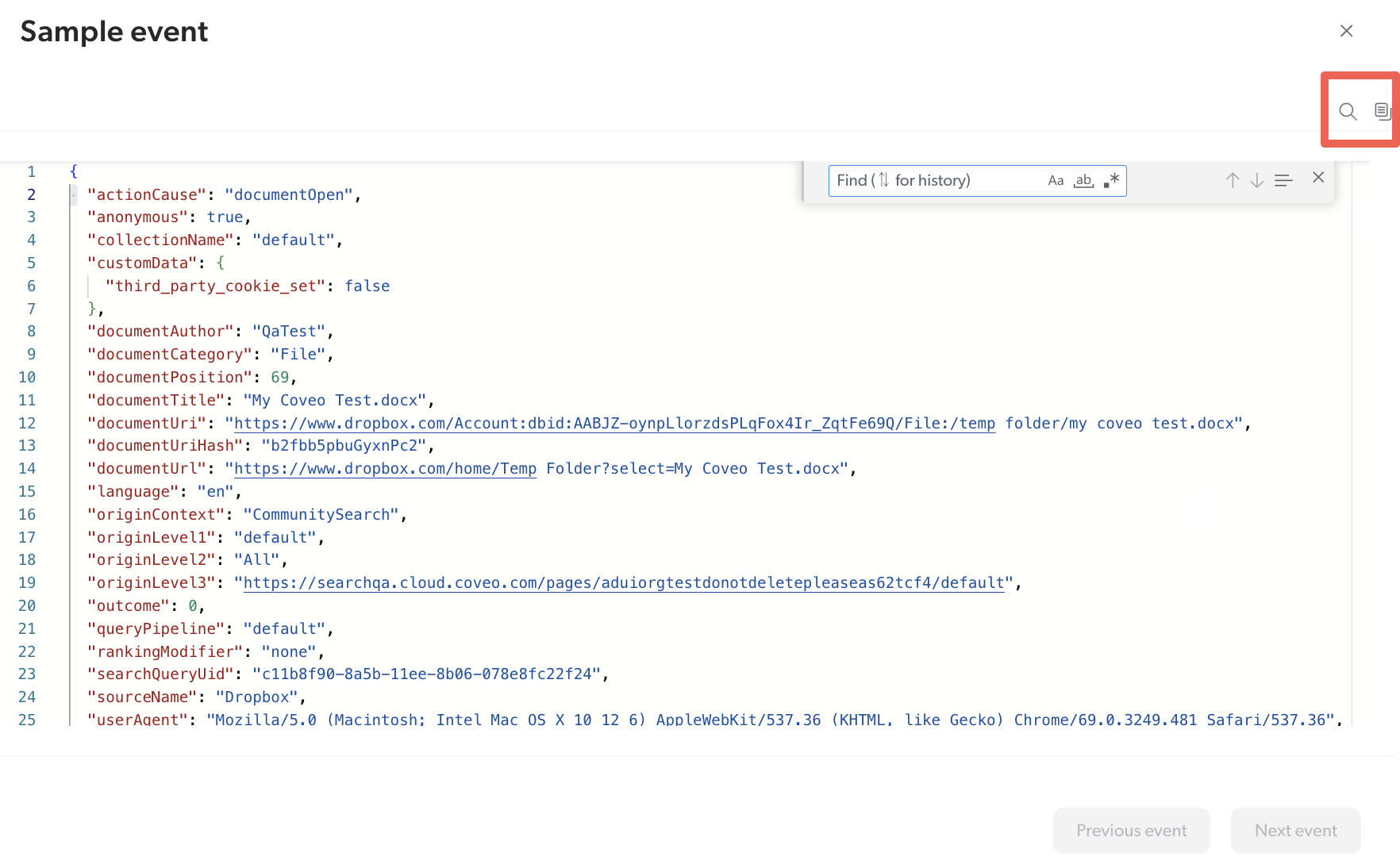 Sample event | Coveo Platform