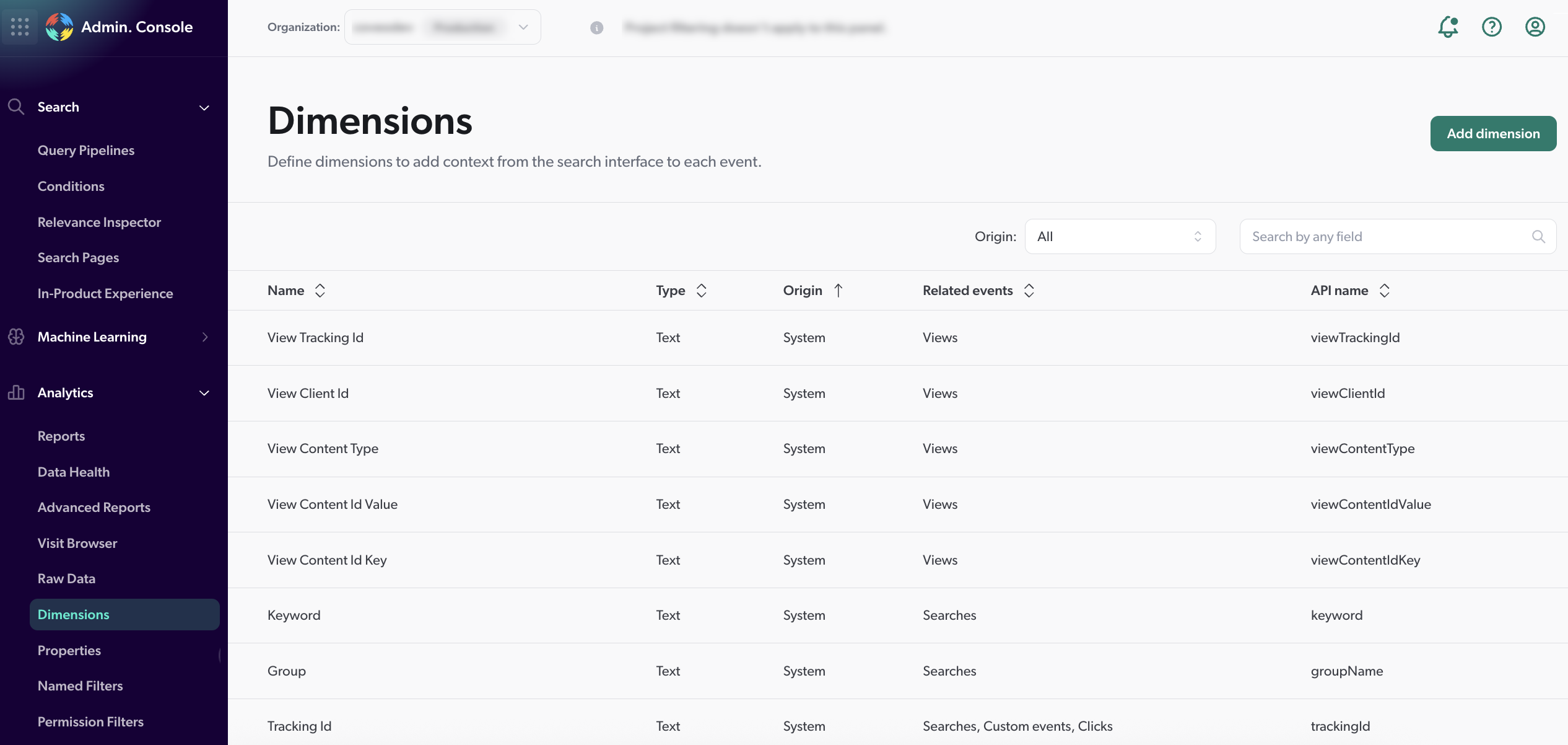 Dimensions page in the Coveo Administration Console