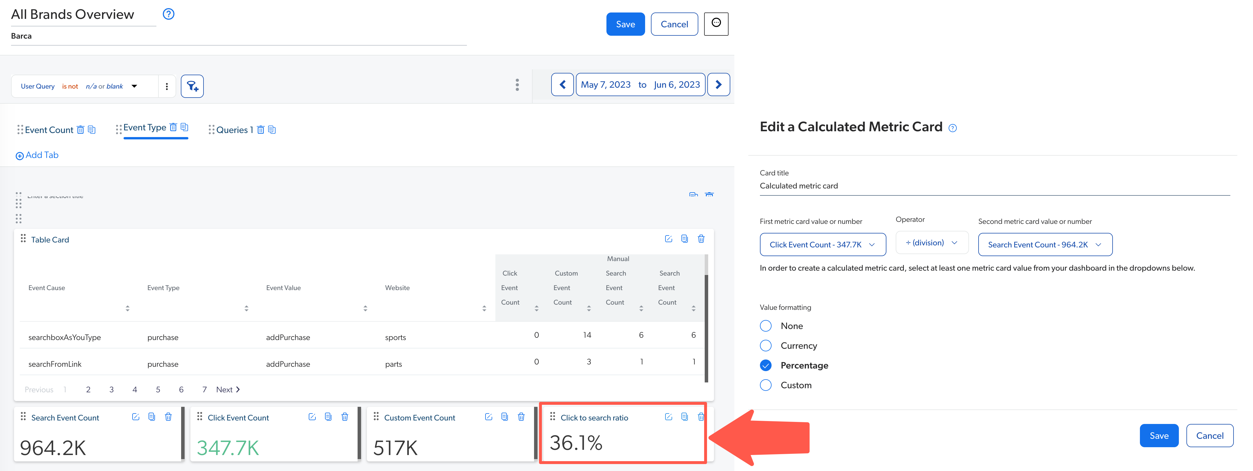 Calculated metric card configuration panel in dashboard | Coveo