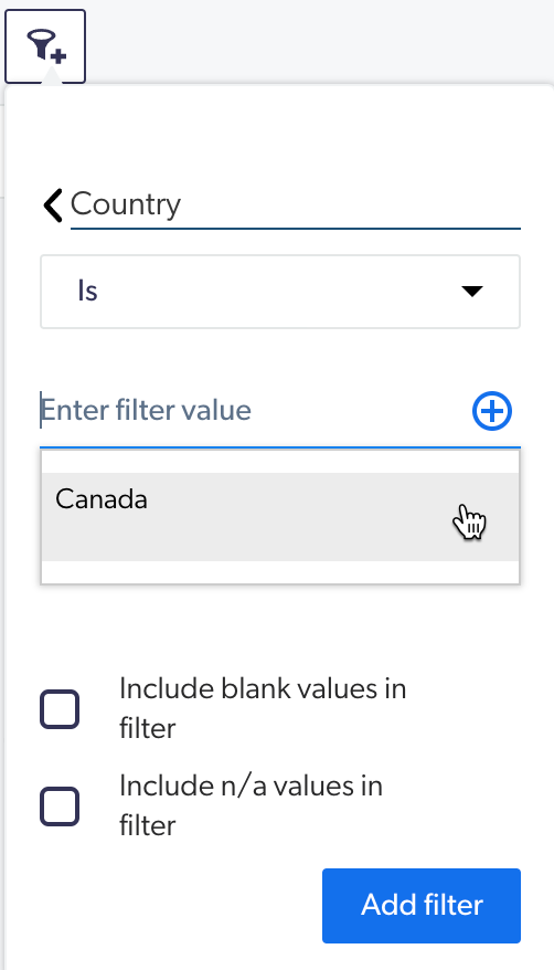 Filter interface showing Country selection with Canada selected | Coveo