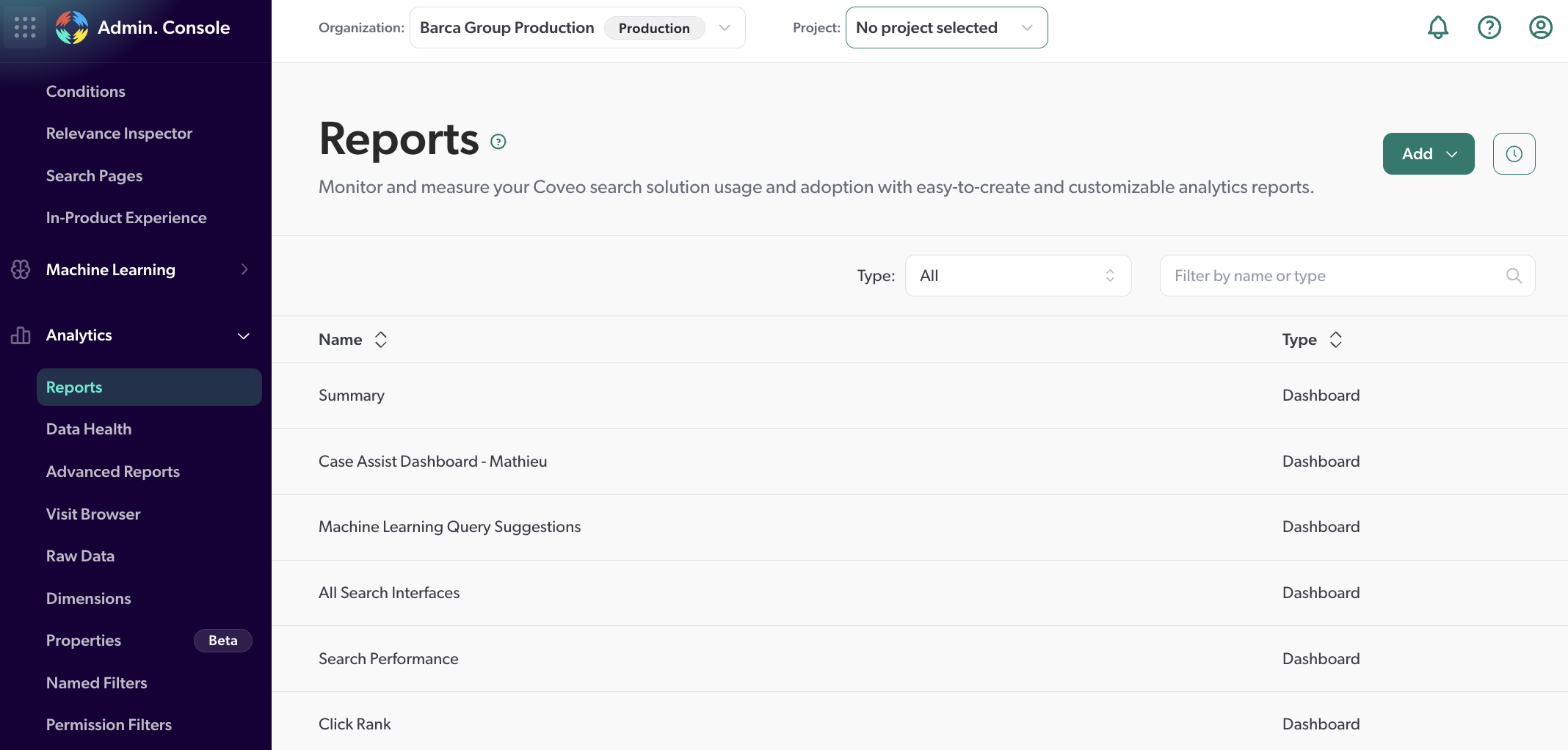 Reports page | Coveo Platform