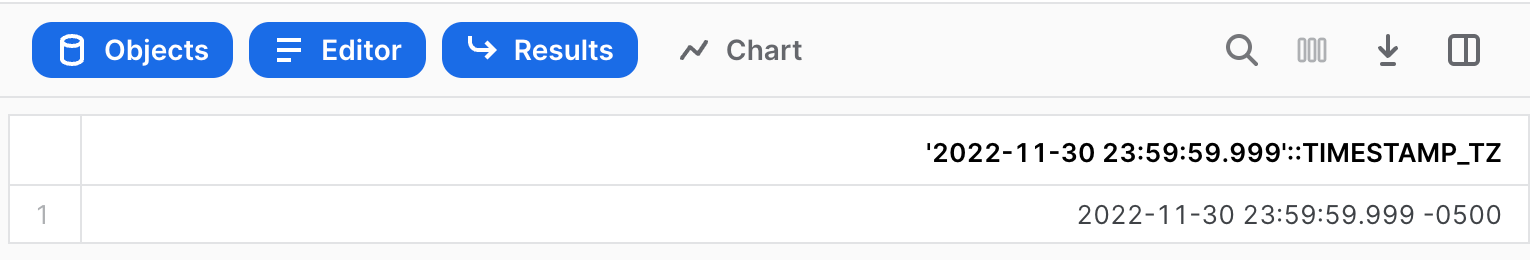 Snowflake SQL results showing timezone conversion example