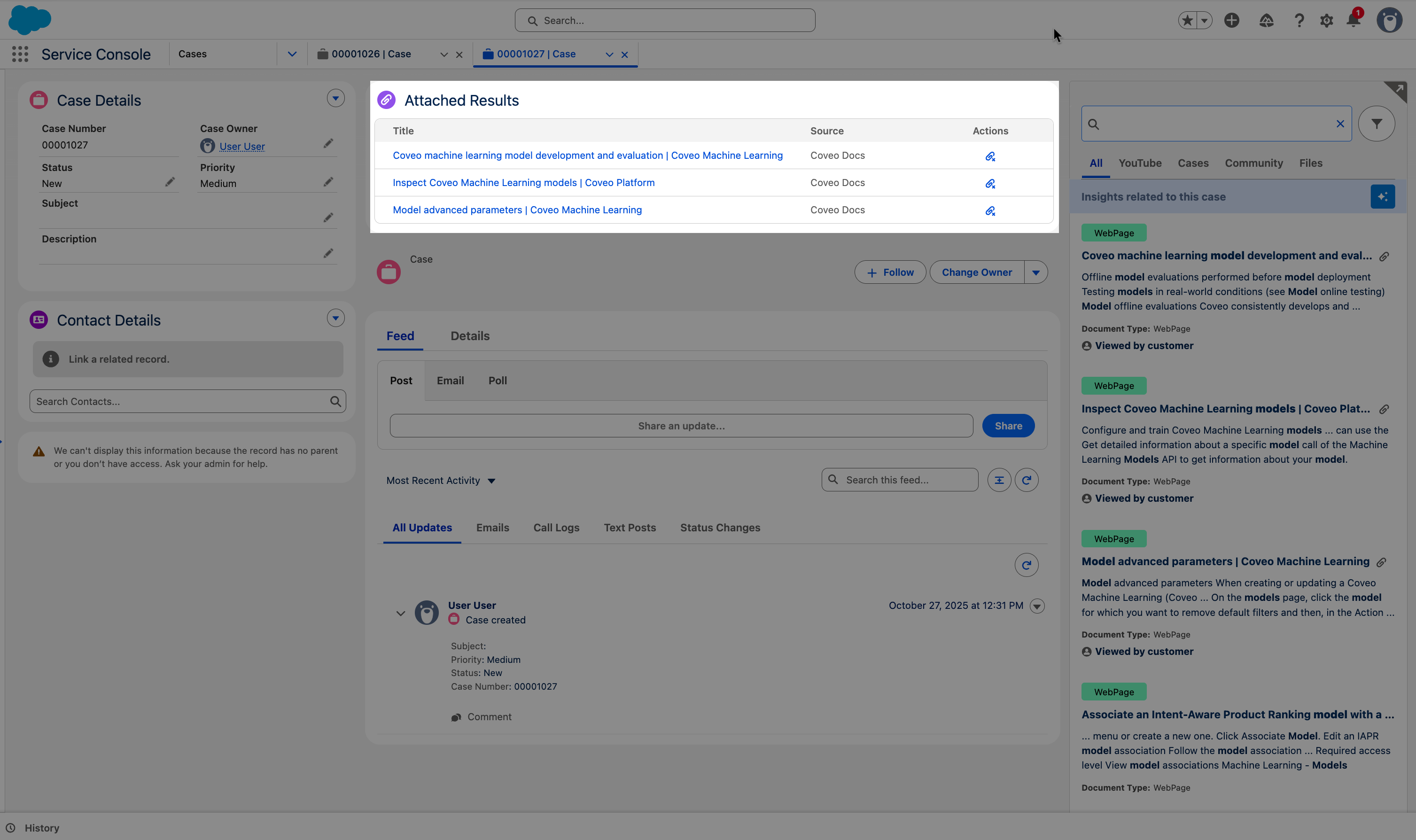 Example of the Coveo Insight Attached Results component on a Salesforce case record page | Coveo for Salesforce