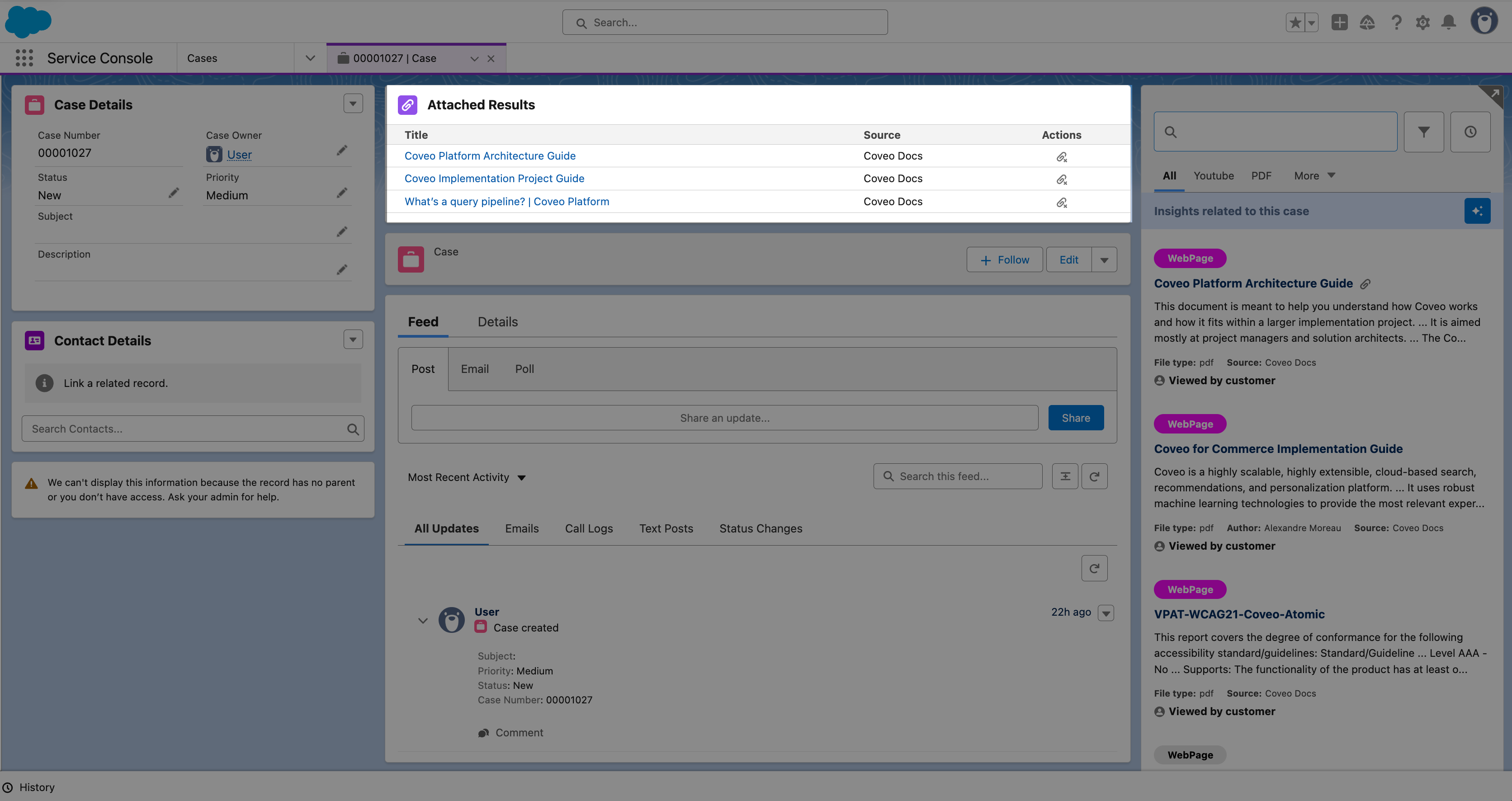 Example of the Coveo Insight Attached Results component on a Salesforce case record page | Coveo for Salesforce