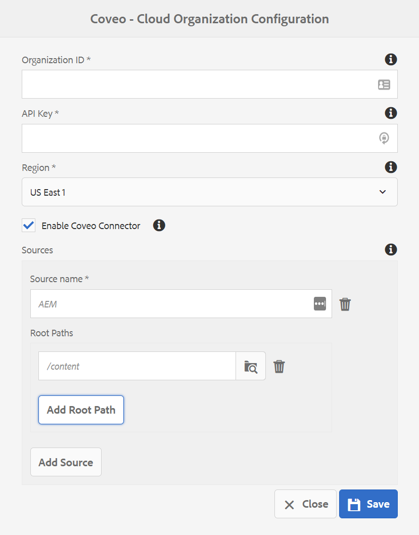 Coveo Adobe Experience Manager Connector configuration interface