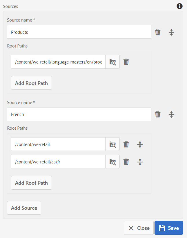 Coveo Adobe Experience Manager Connector with two sources