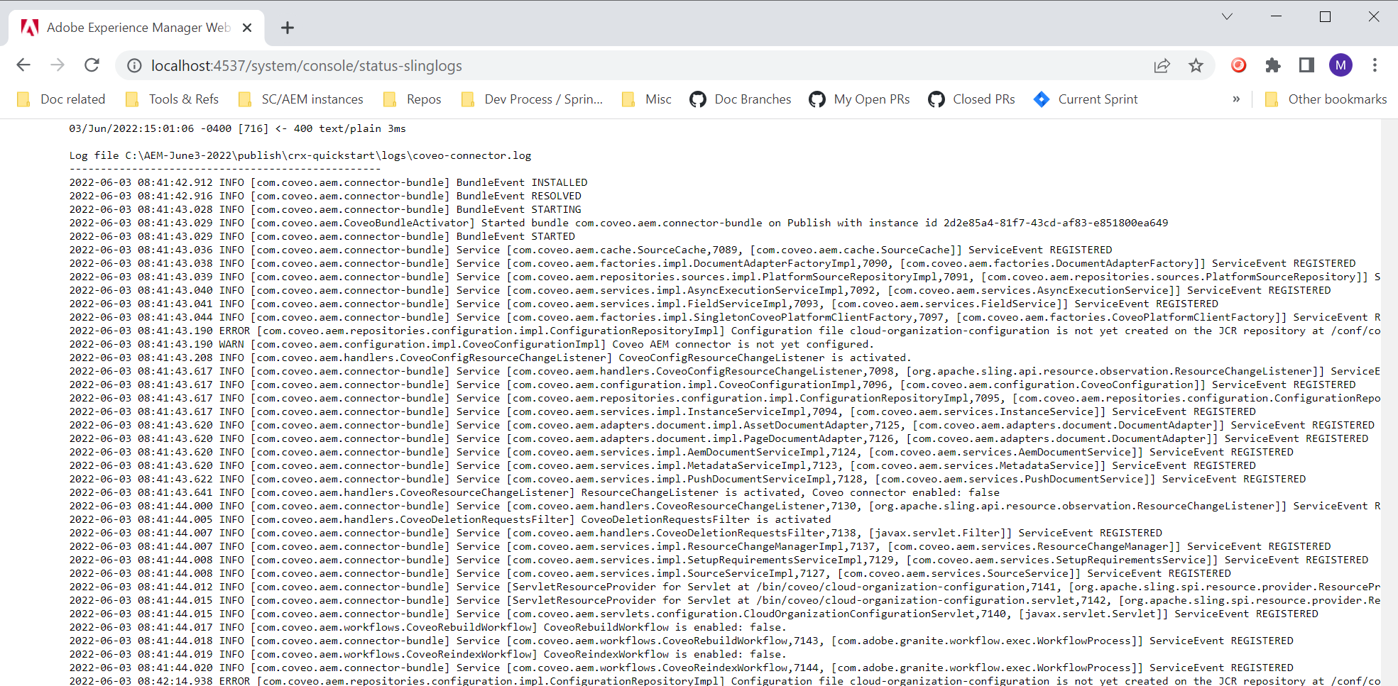 Connector log file as seen in the Adobe Experience Manager Web Console Log Files page