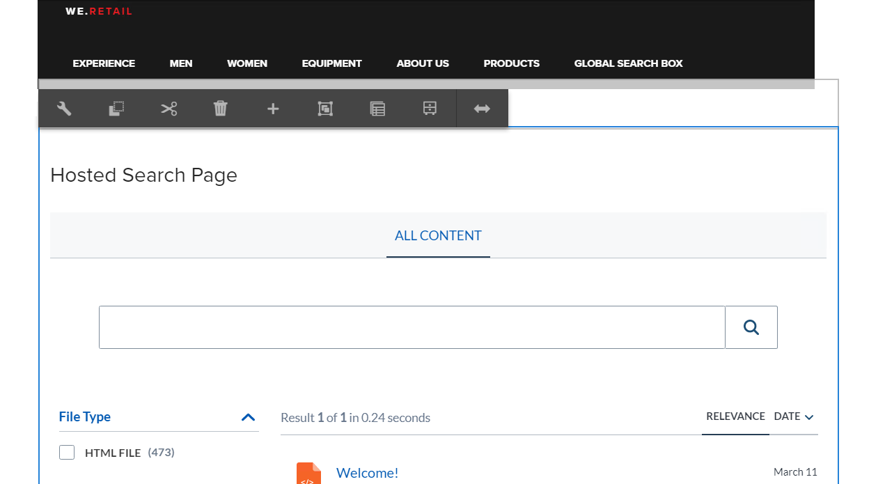 Image of hosted search page embedded in an Adobe Experience Manager web page