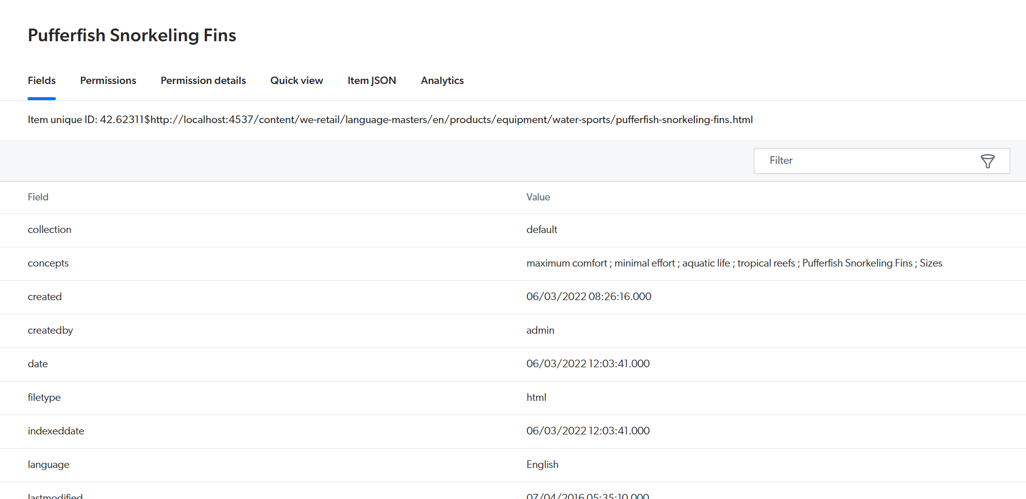 Field names and values for selected item