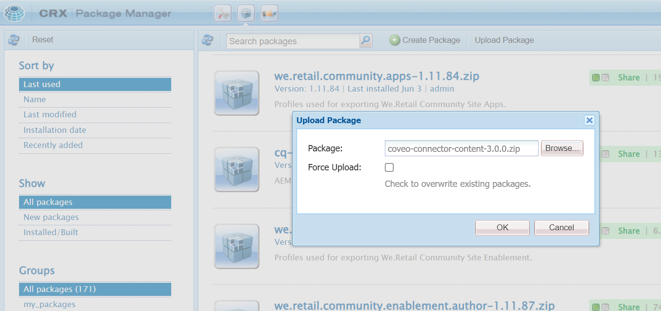 Uploading the Coveo package in the Package Manager