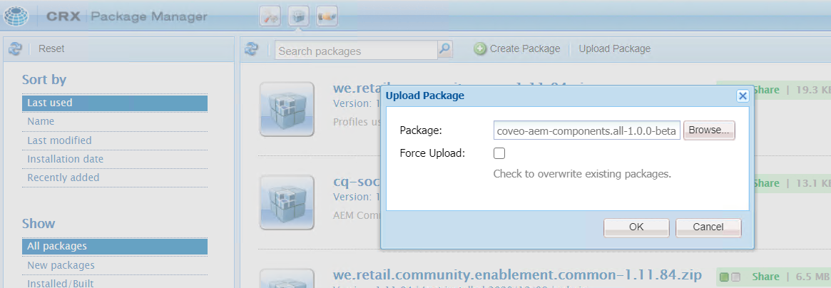 Uploading the Coveo package in the Package Manager
