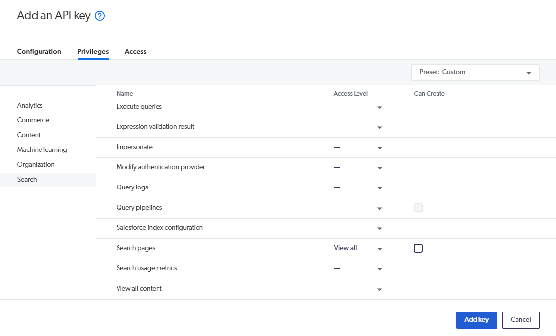 Setting the access API key privileges | Coveo