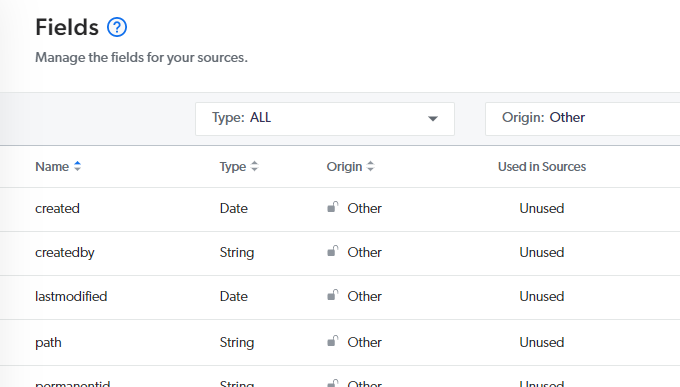 Screenshot showing standard fields as unused in the Coveo Administration Console Fields page