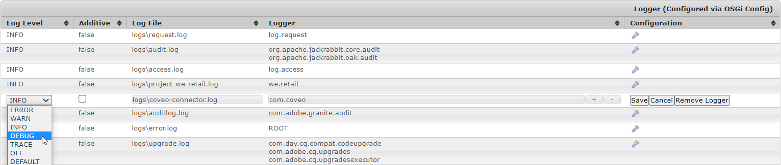 Setting log level for Coveo connector in Adobe Experience Manager
