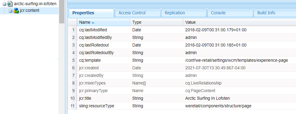 Example of JCR content node properties