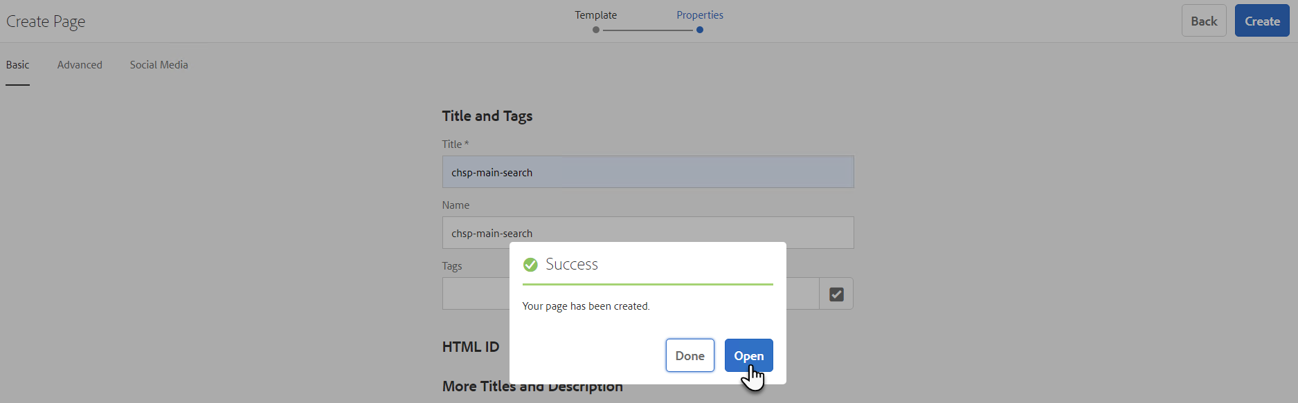 Opening the created page