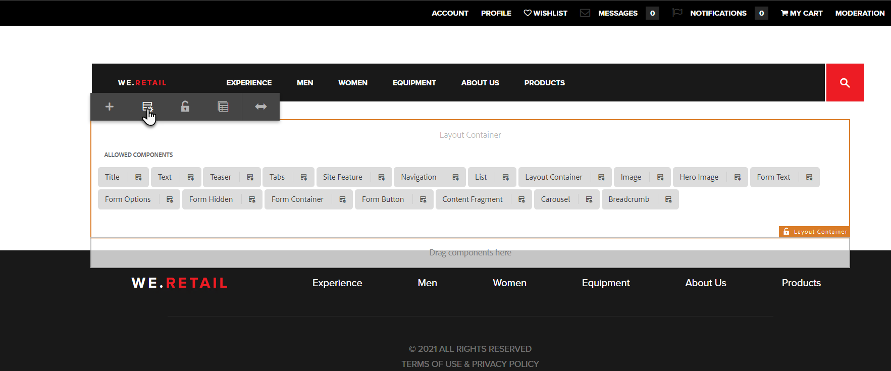Accessing template layout container policies