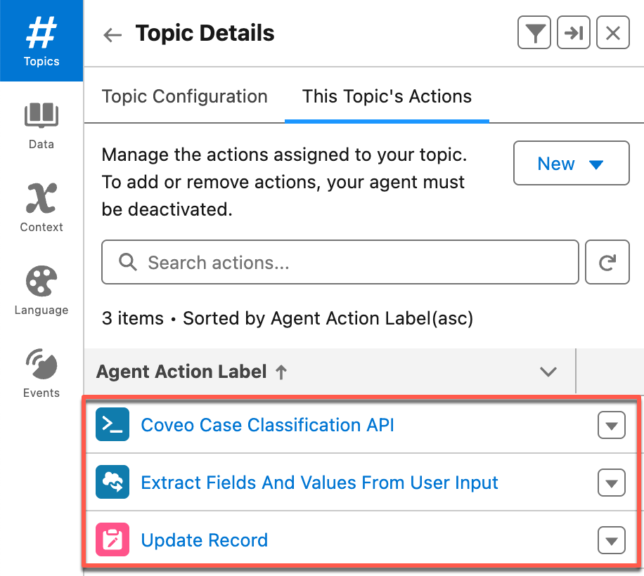 Topic actions | Coveo for Agentforce
