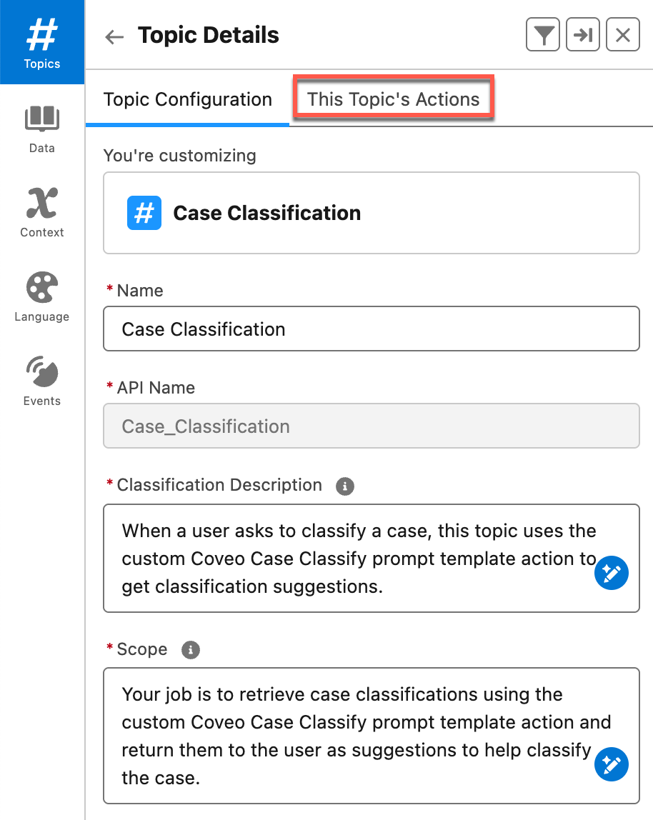 Topic details panel | Coveo for Agentforce