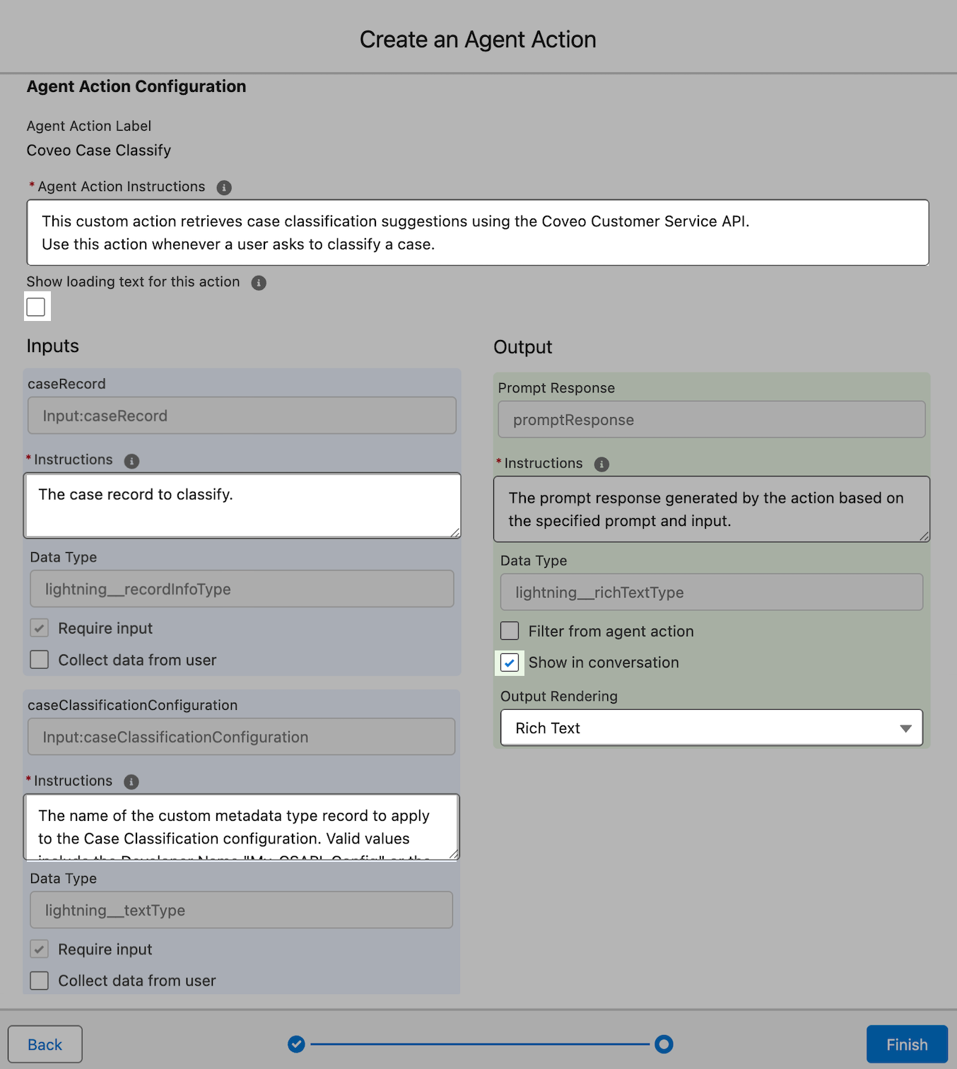 Agent Action Configuration panel | Coveo for Agentforce