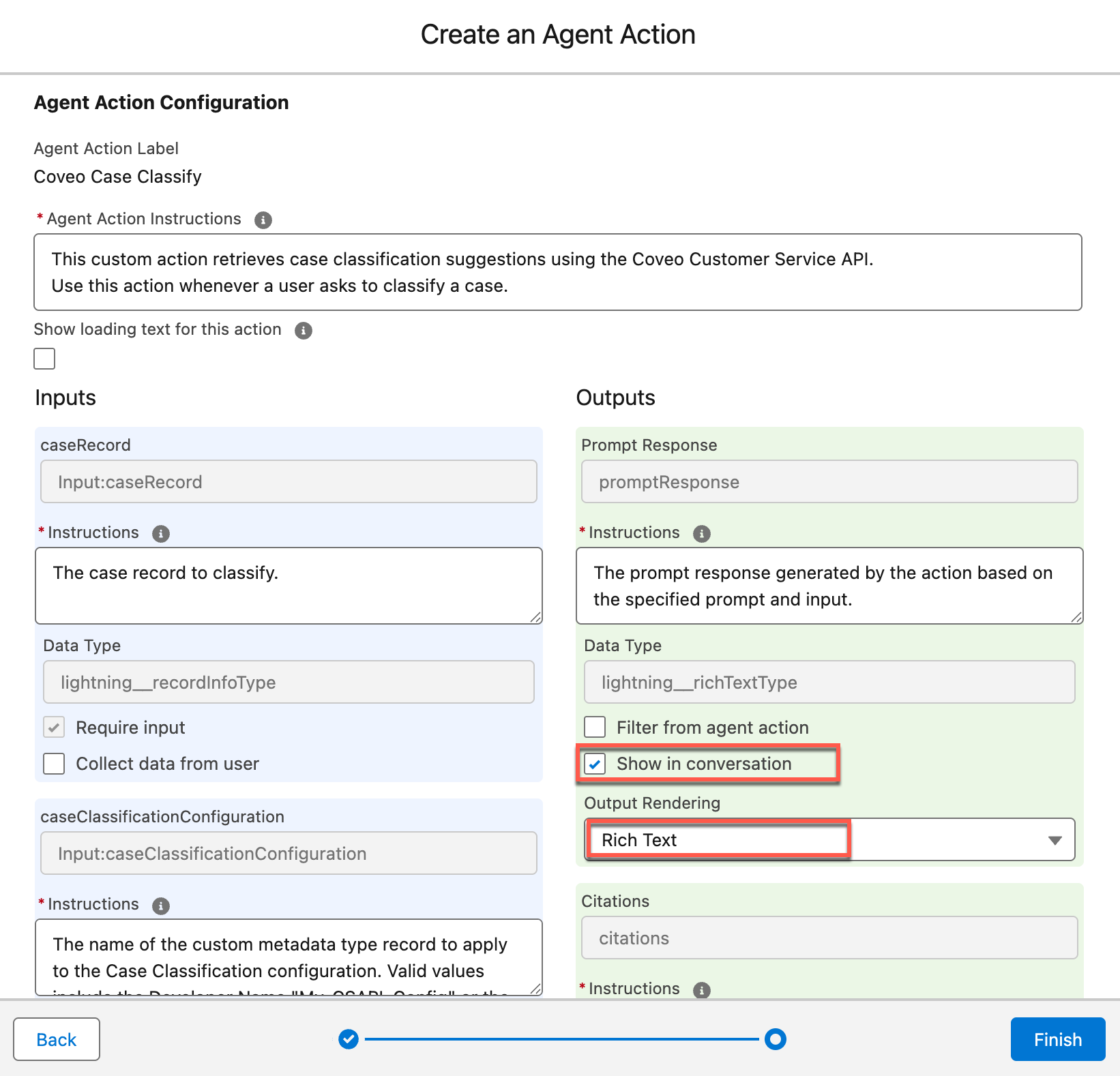 Agent action configuration panel | Coveo for Agentforce