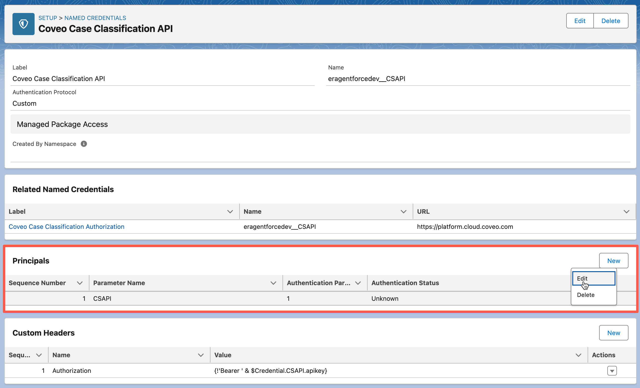 Principal edit menu | Coveo for Agentforce