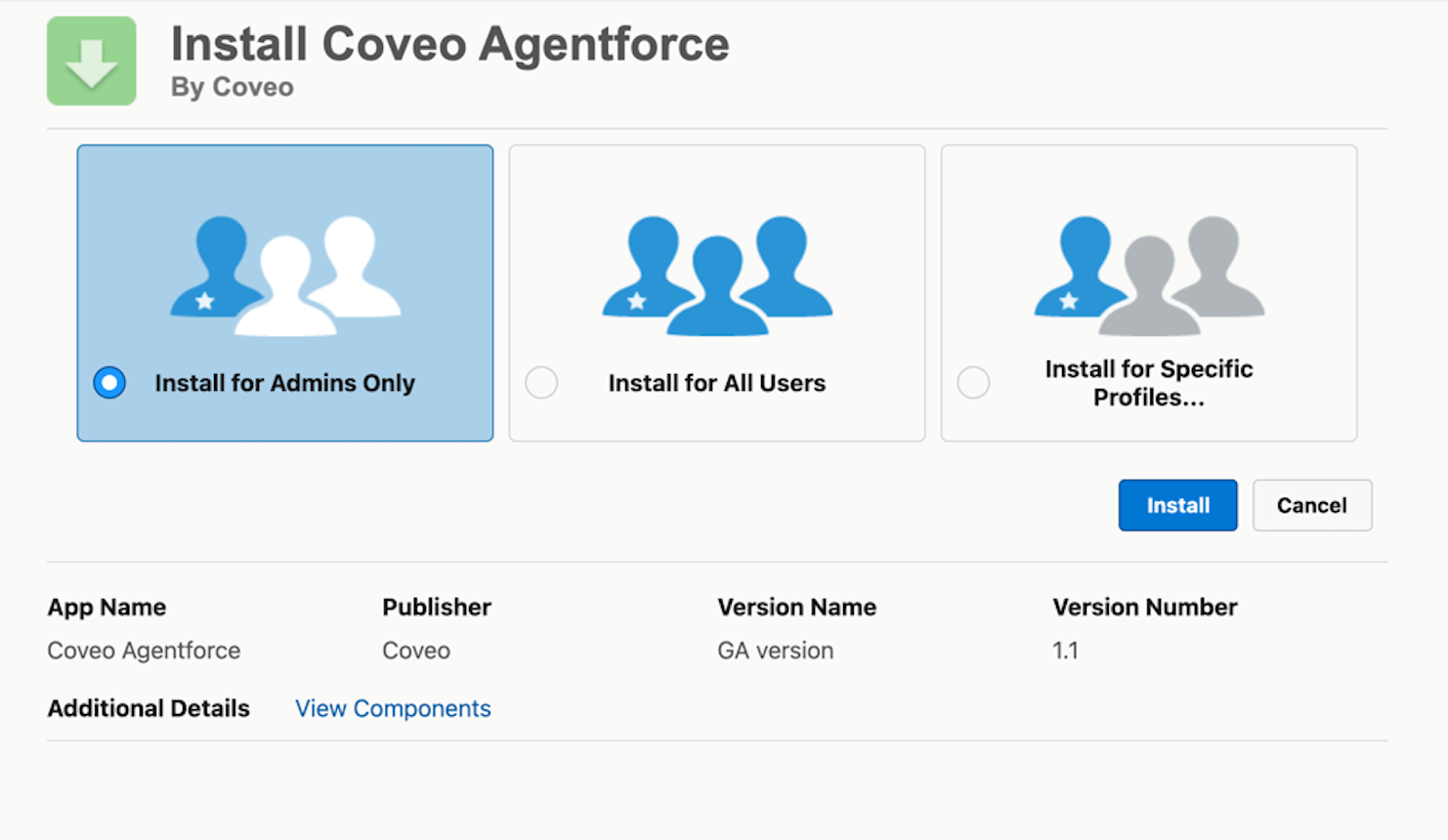 Installation screen | Coveo for Agentforce