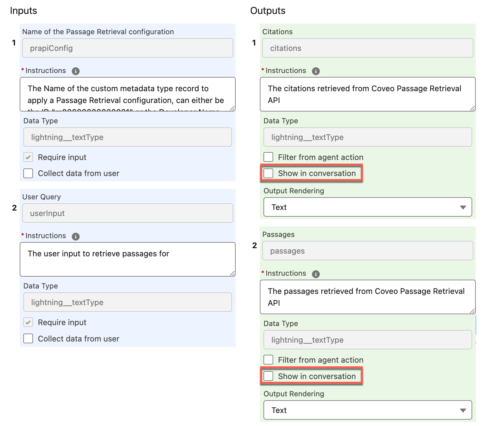 Input and output instructions | Coveo for Agentforce