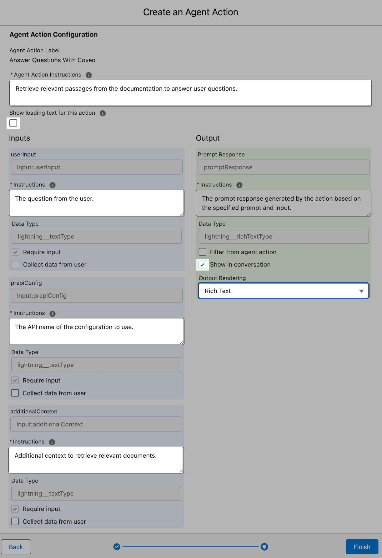 Agent action configuration panel | Coveo for Agentforce