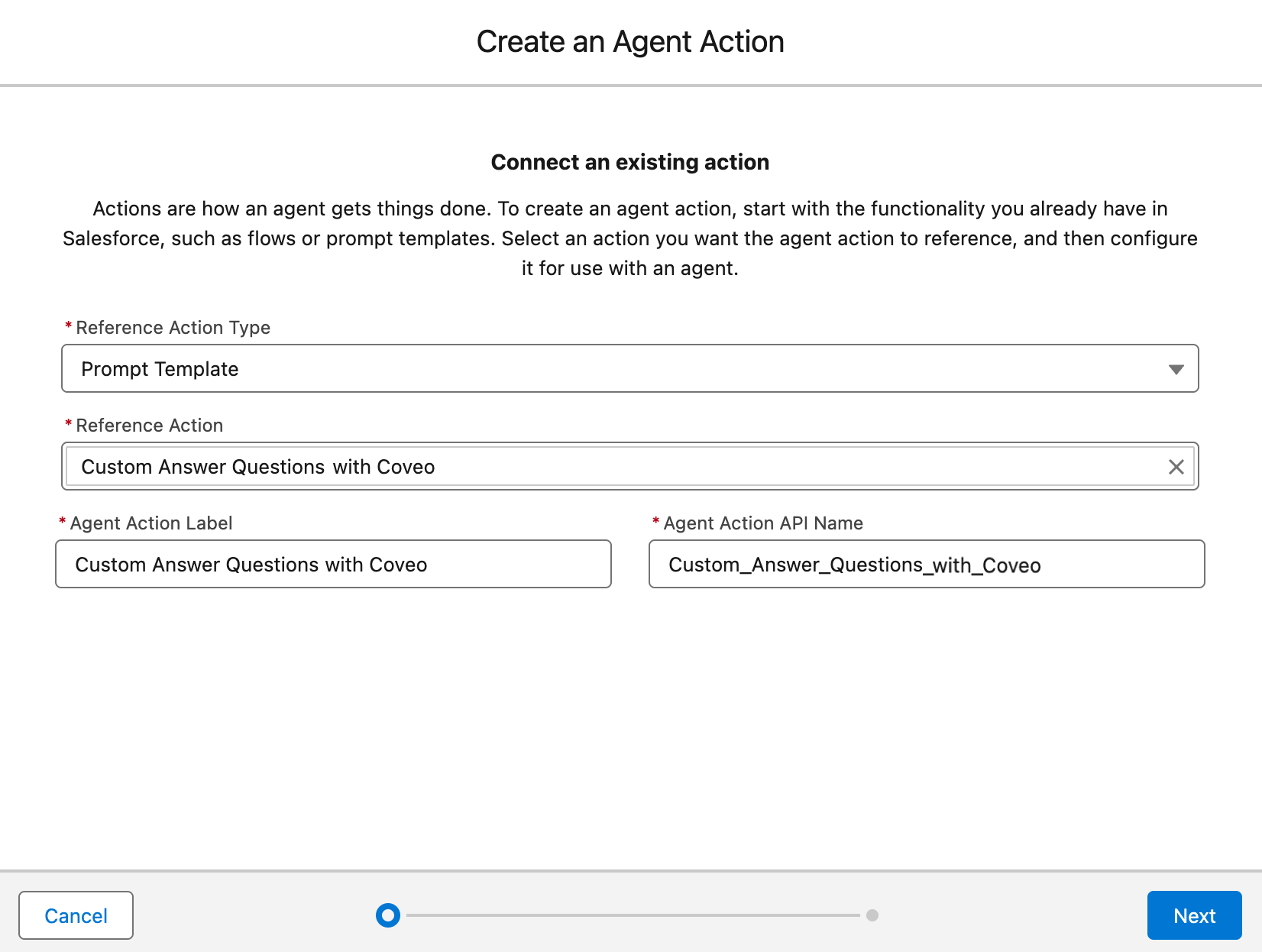 Create an agent action modal | Coveo for Agentforce