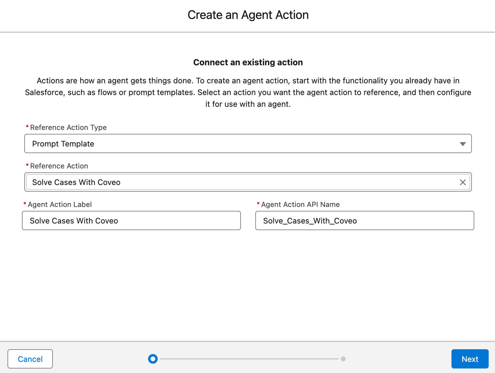 Create an agent action modal | Coveo for Agentforce