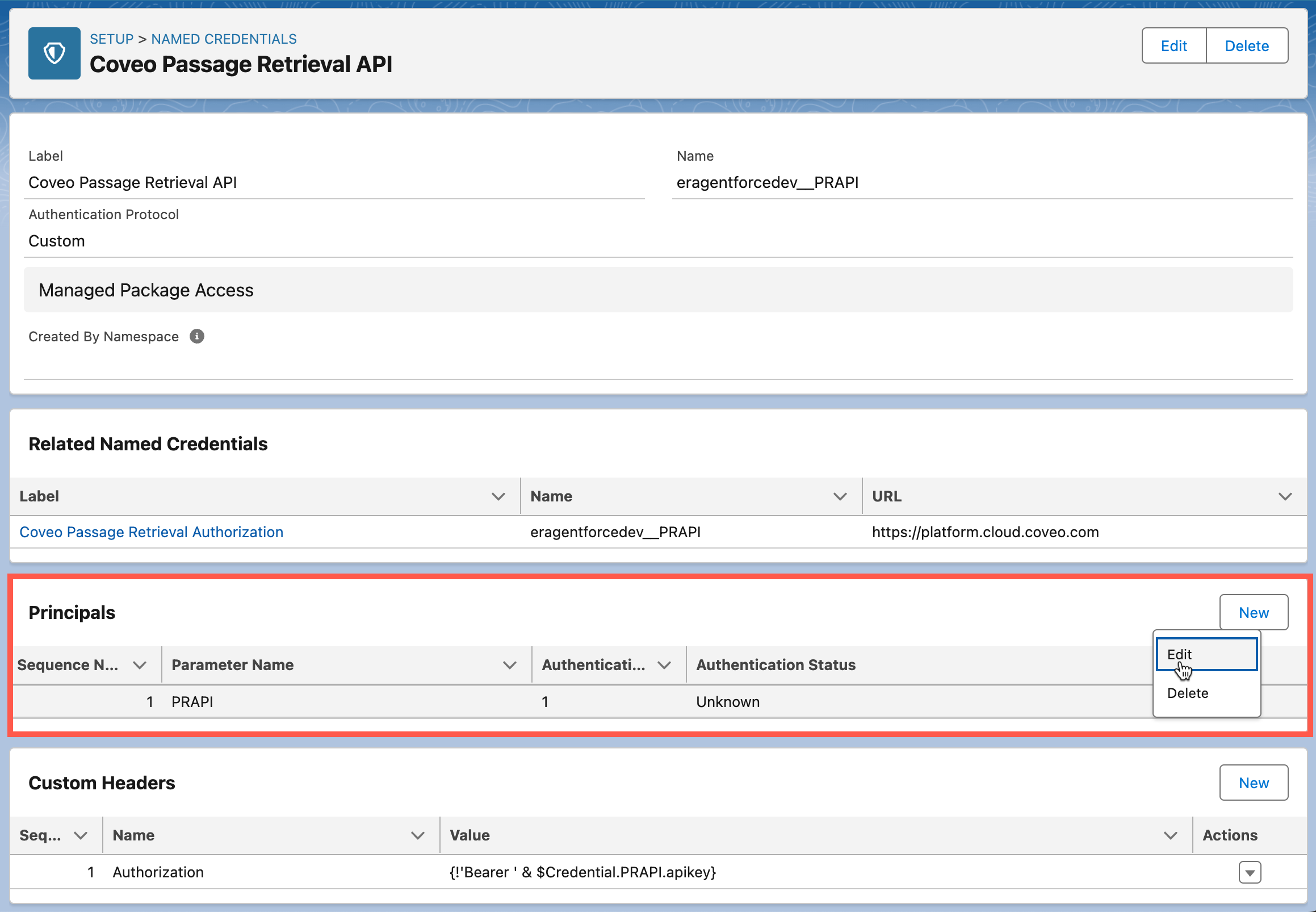 Principal edit menu | Coveo for Agentforce
