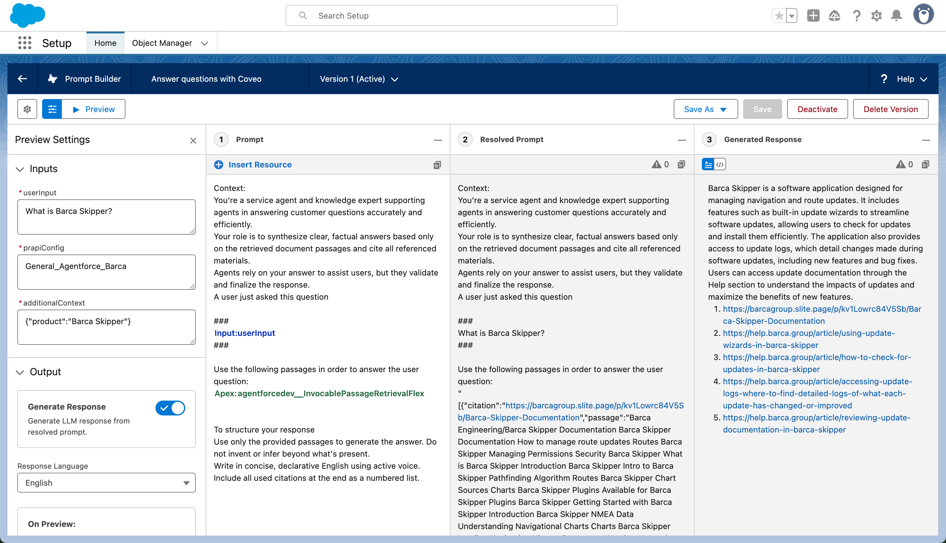 PRAPI flex prompt template example | Coveo for Agentforce