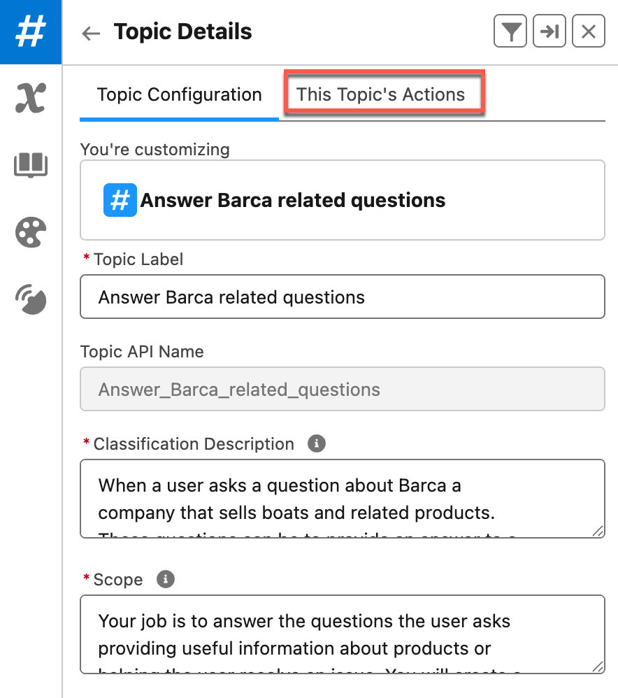 Topic details panel | Coveo for Agentforce