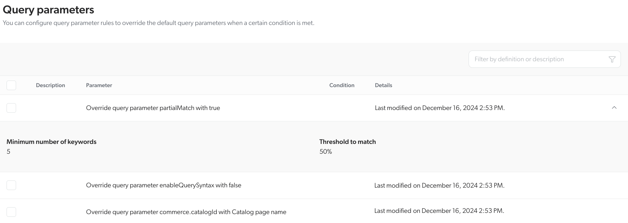 Commerce query parameters