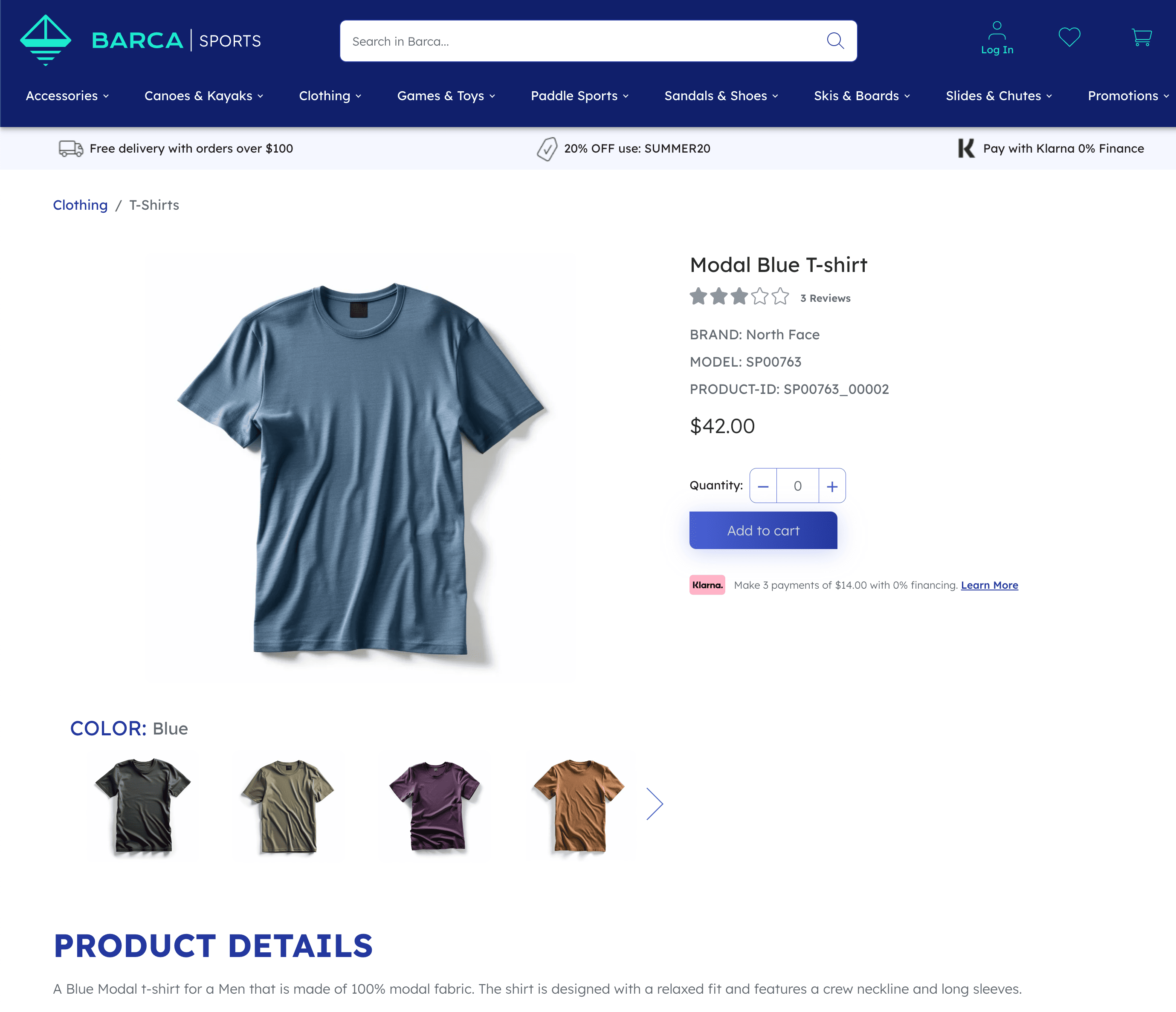 Product detail view of Modal Blue T-shirt with price and details | Coveo