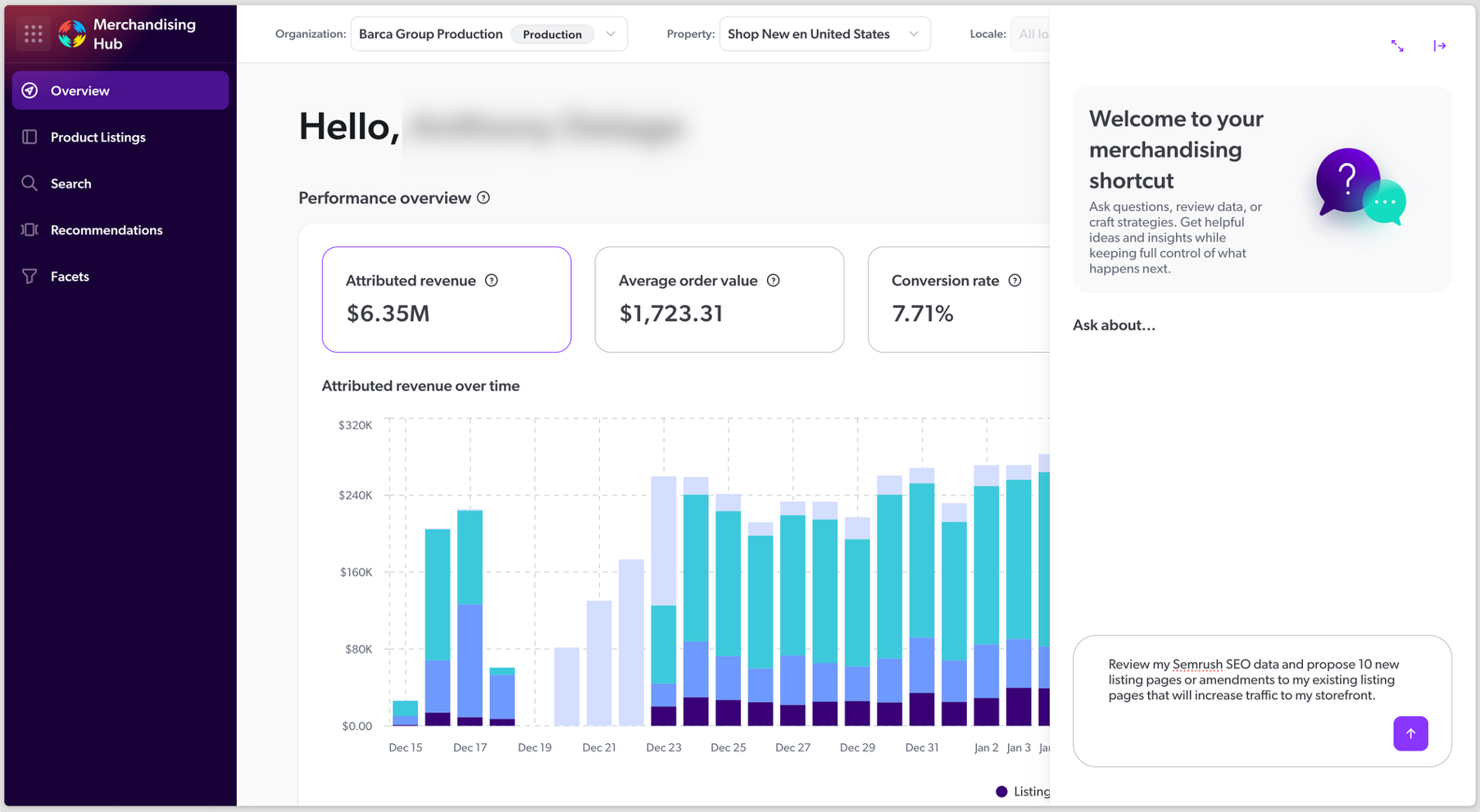 The Merchandising Copilot sidebar that appears when you click Copilot to activate it