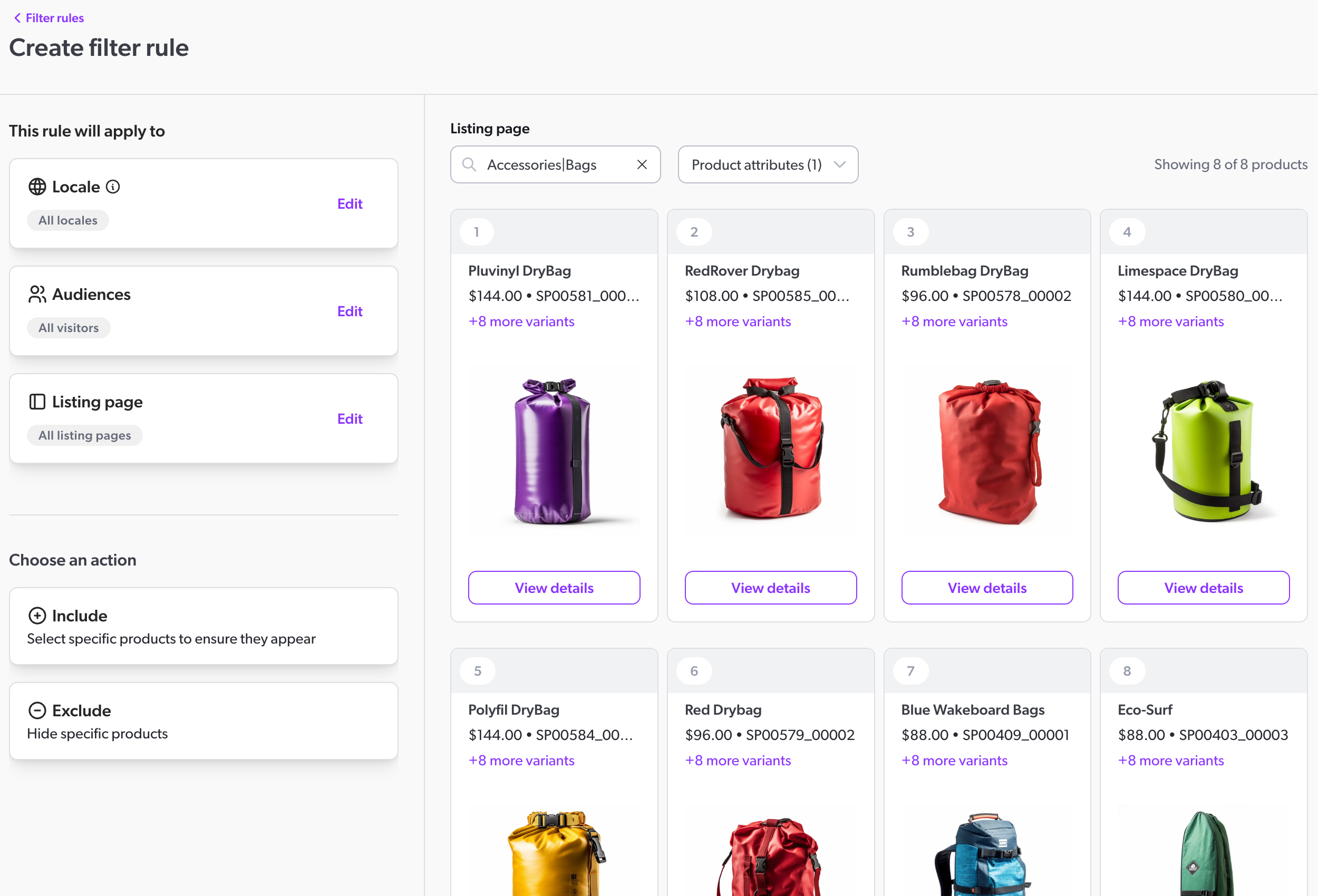 Filter rules for product listing pages | Coveo