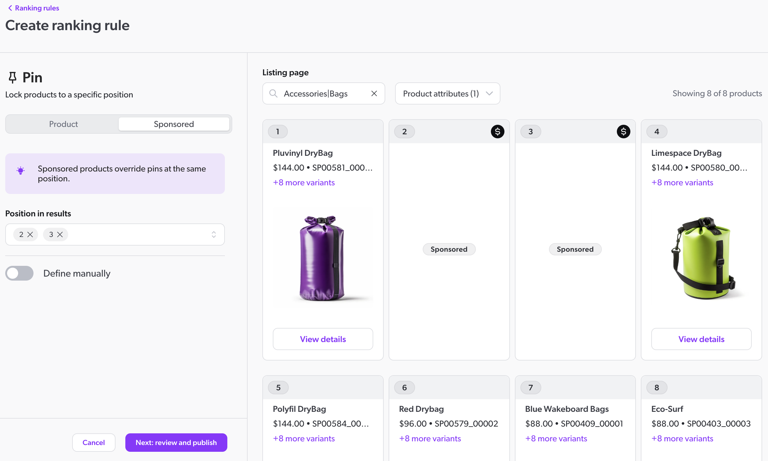 Sponsored pin rule for product listing pages | Coveo