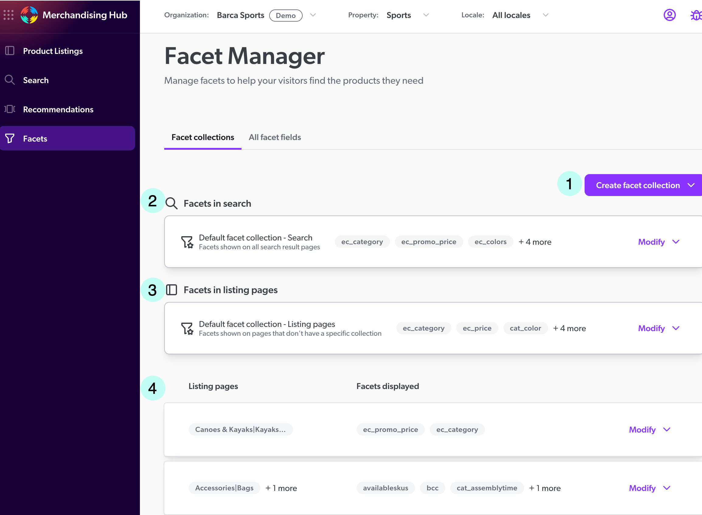 Facet manager Collections tab | Coveo