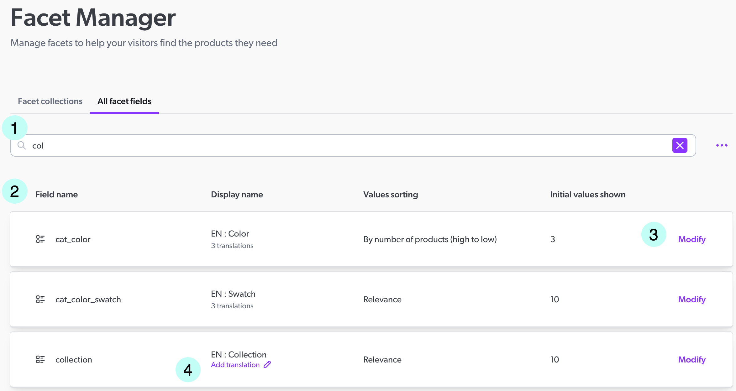 Facet manager fields tab | Coveo