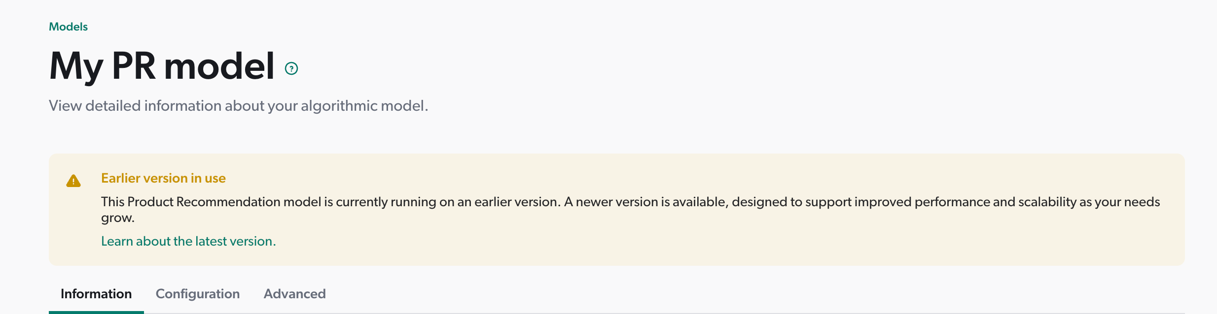 Warning banner indicating earlier version model type | Coveo