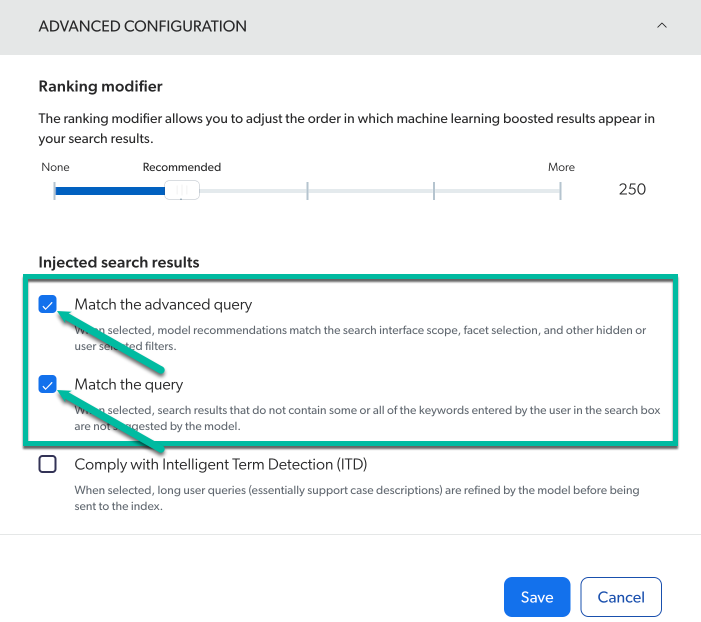 enable Match the query and Match the advanced query options