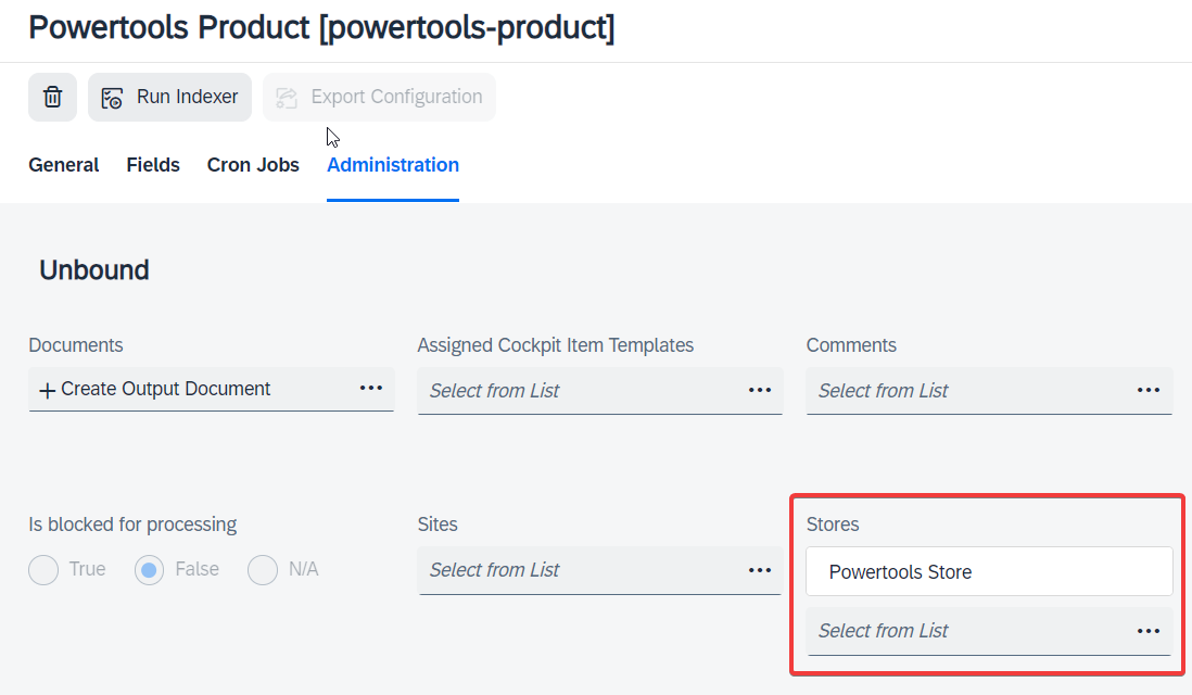 The properties of an index type highlighting the Stores field with the value 'Powertools store'