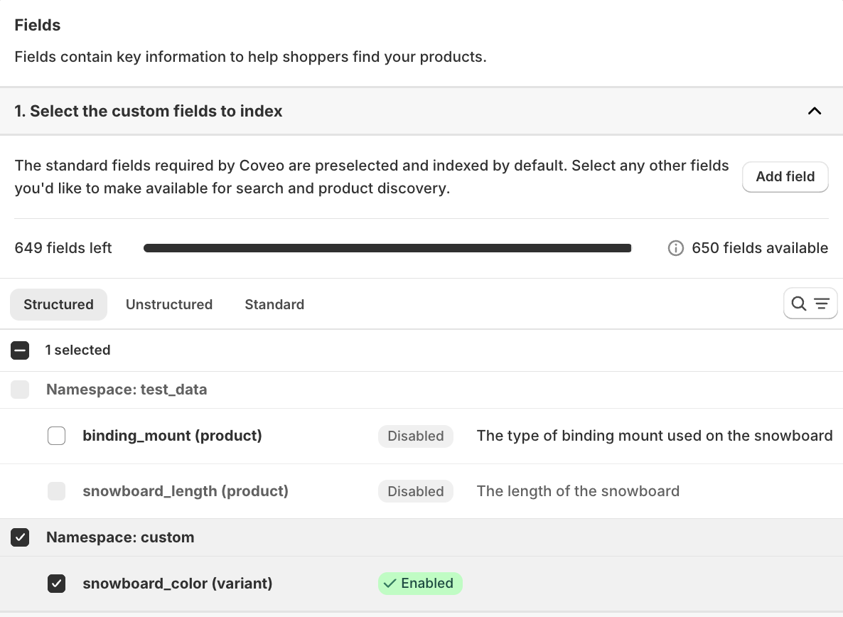 Index the variant metafield | Coveo app for Shopify