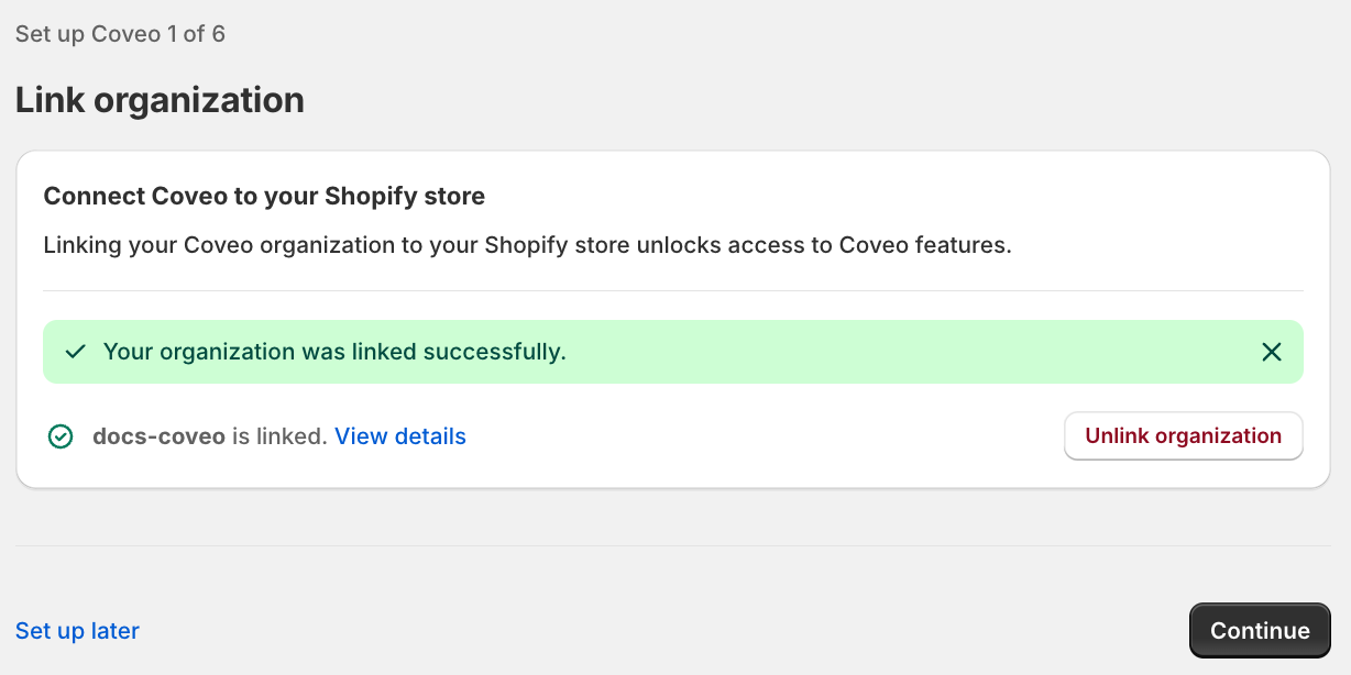 Organization linked successfully | Coveo app for Shopify
