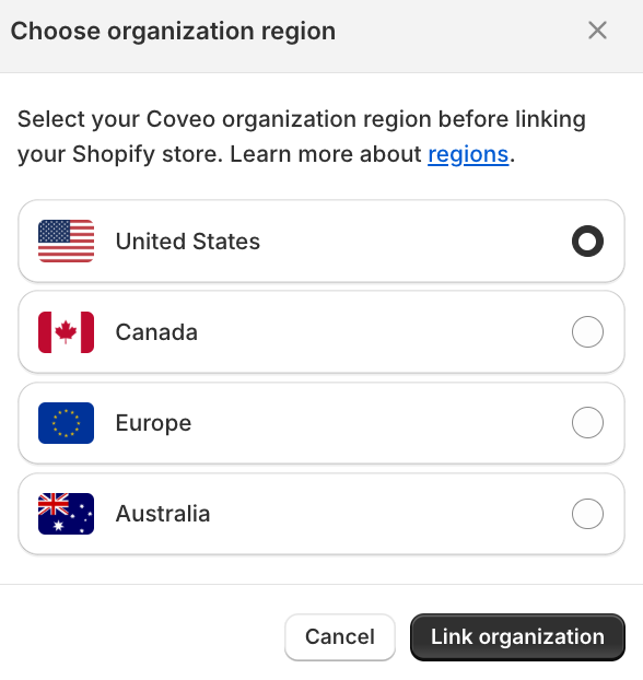 Select your region | Coveo app for Shopify