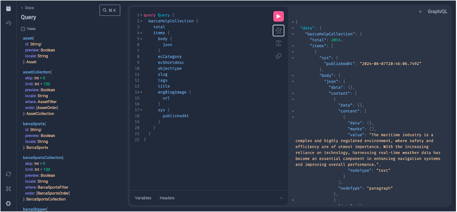 Example query in Contentful GraphQL Explorer